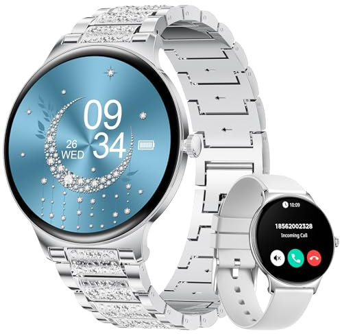 LIGE Smartwatch Damen 1.43 AMOLED Touchscreen mit Telefonfunktion, Fitnesstracker Damen 120+Sportmodi/IP68/SpO2/Herzfrequenz/Menstruationszyklus Diamond Smart Watch für iOS Android(Silber)