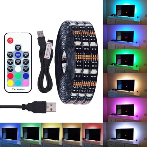 FOLGEMIR 3 Meter RGB LED Streifen dimmbar, TV LED Hintergrundbeleuchtung, 5050 RGB Strip für HDTV USB TV Beleuchtung mit 24 Tasten RF Fernbedienung, wasserdicht IP65