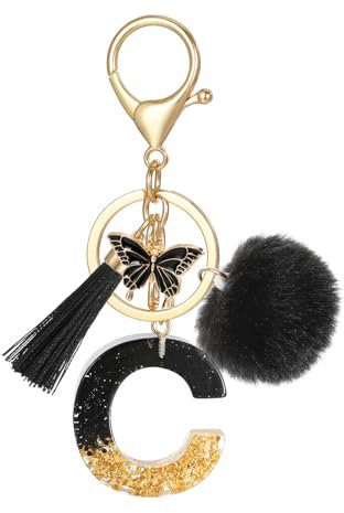 MWOOT Schlüsselanhänger Buchstabe C, Schlüsselanhänger mit Anfangsbuchstaben Schmetterling Bommel Quasten Anhänger für Damen Mädchen, Schwarz Harz Schlüsselringe Name für Rucksack Handtaschen Charms