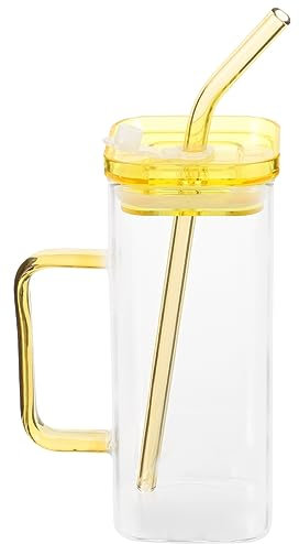 PRETYZOOM Taza De Vidrio Cuadrada Transparente 400 Ml De Borosilicato Resistente con Tapa Creativa y Pajita Amarilla para Bebidas Frías y Calientes El Hogar