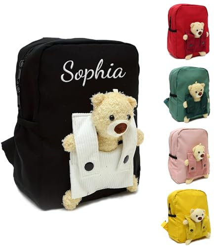 Personalisierte Kindergartenrucksack Kinder mit Gestickt Namen, Bär Kinderrucksack für Mädchen Junge, Kita Rucksack ab 1 Jahr, 27 x 20 x 10 Cm Kleinkind Schulranzen für Kindergarten Schule (Schwarz)