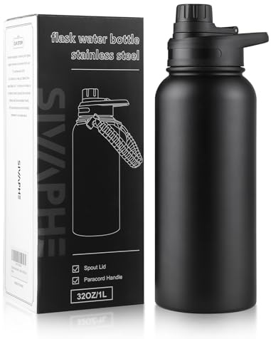 Sivaphe Stainless Steel Water Bottle 1L, Vacuum Insulated Flask with Spout Lid, 32oz Large Insulated Water Bottles for Outdoor,Gym,Sports(Black)