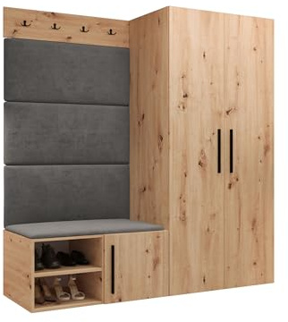 Mirjan24 Garderoben-Set Mapreni I, Schuhschrank + Kleiderhakenbrett + Kleiderschrank Gepolstertes Paneel/Wandpaneel Kleiderhaken Flurgarderobe Wandgarderobe (Artisan Eiche, Manila 16)