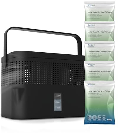 BonAura® AirOne Max Luftentfeuchter ohne Strom bis 33m² I 360° Belüftung I Raumentfeuchter mit Ausgießer & 5 x 980g Luftentfeuchter Granulat I Schimmel- und Geruchsschutz I Raum Entfeuchter Keller