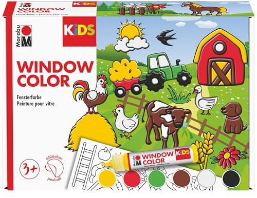 Marabu KiDS Window Color Bauernhof Set, 6 x 25 ml, Fensterfarbe für Kinder, abziehbare Fenstermalfarben, für Glas, Bastel- & Kreativset zum Malen, 0306000000006