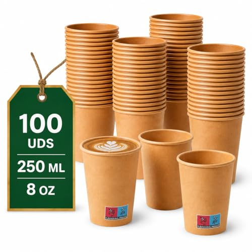 LAN&LAN - Vasos de Cafe Desechables de Cartón Kraft – Mayor Gramaje y Resistencia al Calor – Ideales para Café para Llevar en Hostelería y Eventos (100uds, 250ml)