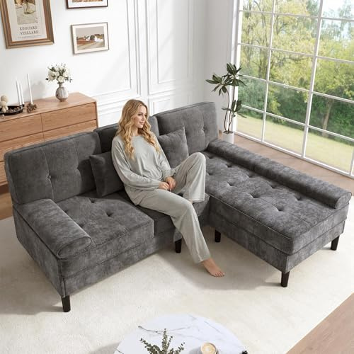 VIVCA L-Form-Ecksofa Chenille 195 cm Breite, dreisitziges Wohnzimmer-Multifunktions-Chaiselongen-Sofa mit Schlaffunktion, bewegliche Fußbank, ideal für kleine Apartments