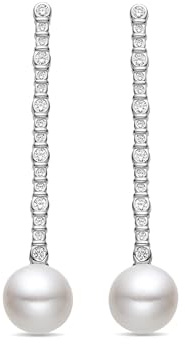 LUXENTER Nibar Ohrringe aus 925er-Sterlingsilber mit weißer Perle, rhodiniert, silberfarben, lange Ohrringe, Schmuck für Damen