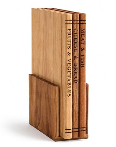 DECORAY Set Taglieri da Cucina in Legno con Supporto – 3 Taglieri in Rovere, Acacia ed Ebano – Tagliere Legno Massello per Cucina con canalina – Senza Plastica, Design Salvaspazio in Stile Libreria