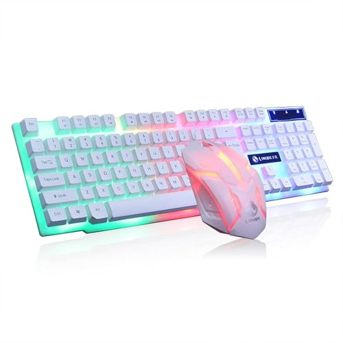 XIUNYIE Teclado Mecánico y Ratón RGB Gaming 104 Teclas con Interruptores Azules USB, Ratón Programable para Ordenador y Sobremesa Blanco