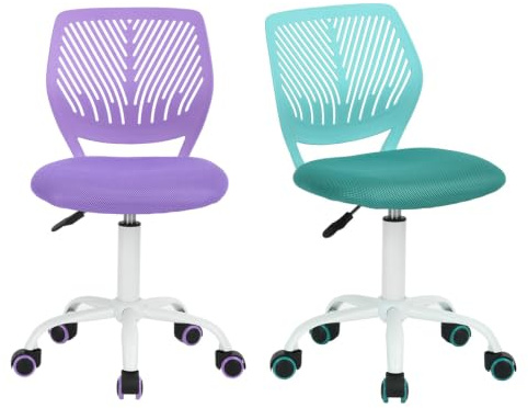 MEUBLE Cosy Silla de Oficina Juego de 2, Silla de Escritorio Giratoria Regulable en Altura, sin Reposabrazos, con Ruedas para Teletrabajo, Estudio y Dormitorio, Violeta + Turquesa