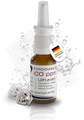CleanSilver - Kolloidales Silber 100 ppm, 20 ml Silberspray. - Ultrarein: Sterilwasser und Feinsilber 99,99% - Made in Germany – Silberwasser stets frisch hergestellt
