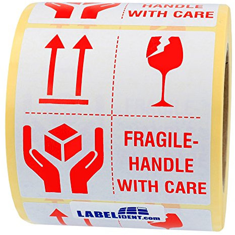 Warnetiketten 100 x 100 mm - Paket Aufkleber fragile - handle with care - 500 Versandaufkleber auf 1 Rolle(n), Papier selbstklebend