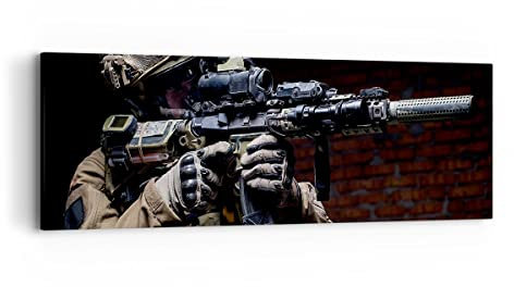 Panorama Bilder auf Leinwand Soldat Gewehr Leinwandbild mit Rahmen 90x30cm Wandbilder Dekoration Wohnzimmer Schlafzimmer Küche Klein Wanddeko Bild Wand Kunstdruck Art Wall Decor Canvas AB90x30-3785