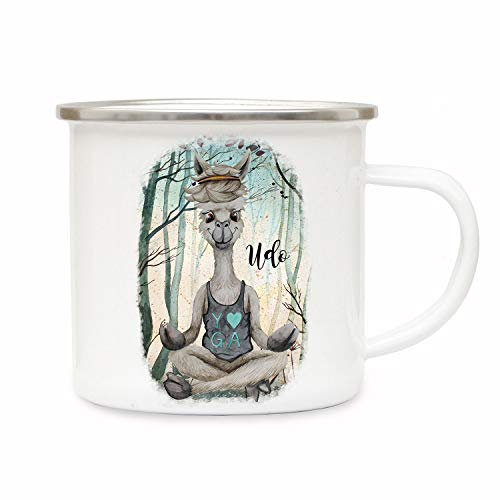 ilka parey wandtattoo-welt Emaillebecher Becher Tasse Camping Lama Yoga im Wald & Wunschname Name Kaffeetasse Geschenk eb347