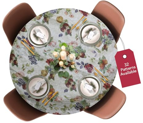 Covers For The Home Deluxe Elastic Edged Flannel Backed Vinyl Fitted Table Cover - Antique Fruit Pattern - Large Round - Fits Tables up to 45 - 56 Diameter