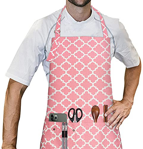 LessMo Schürze, Küchenschürze mit 3 Taschen, Grillschürze mit Verstellbarem Halsriemen für Zuhause, Restaurant, Kunsthandwerk, Garten, Kaffeehaus, Schürze für Männer Frauen, 100% Baumwolle