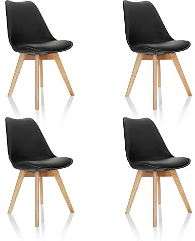hjh OFFICE 4er Set Esszimmerstühle Scandi Massivholz Beine Buche, Stuhl Küchenstuhl gepolstert im Retro-Design, Kunststoff Schwarz 661011