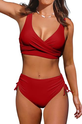 Beachsissi Damen Hoch taillierte Badeanzüge Criss Cross Drawstring Side Bikini Sets Lace Up 2 Stück Badeanzüge, Rot, M