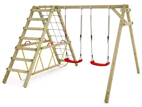 WICKEY Portique de balançoire pour Enfants Smart Hike Rouge - Balançoire & SurfSwing, Portique de balançoire, Balançoire en Bois avec annexe à Grimper pour Les Enfants dans Le Jardin