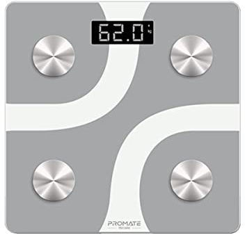Promate iScale, Bluetooth Körperfettwaage, Smart BMI Digitale Personenwaage und 12 Körperanalysewaage mit Smartphone App für Körpergewicht, Muskelmasse, Wasseranteil, BMR und mehr