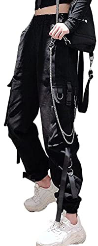 Minetom Freizeithosen Damen Cargo Hose Sweathose Teenager Mädchen Elastische Jogginghose Cargohose Sport Hosen Yogahose Streetwear mit Kette Taschen A Schwarz XS