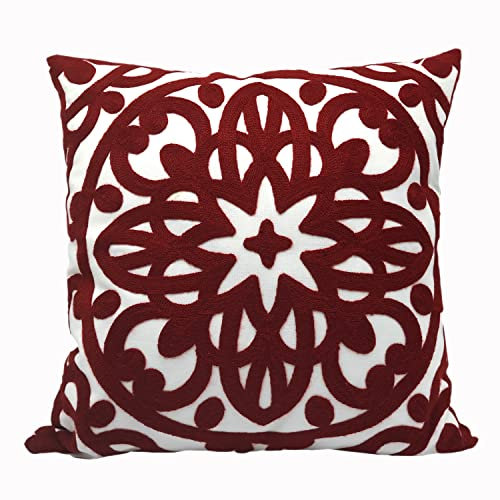 Alysheer Housse de coussin décorative brodée - 45,7 x 45,7 cm - Motif mandala classique bohème - 100 % coton - Pour canapé, salon (rouge bordeaux)
