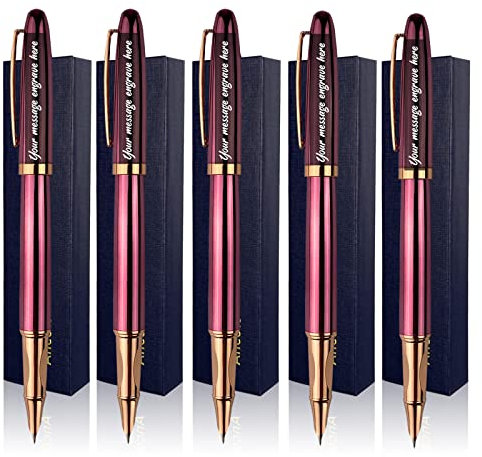Custom Fountain Pens Office Gift Set with 5 Gfit Box 10 extra Black Ink Cartridges- Metal Body Engraved with Your Message Personal Names Phone Number, Gift for Business Office Colleague Friends