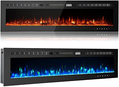M.C.Haus Electric Fireplace Touch Screen Glass Panel Colorful Flame Insert Wall Mounted Heater Remote Control with Crystal&Log Set,900/1800W (178CM, Black)