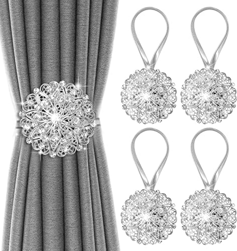 Curtain Tie Backs, Sparkling Floral Decorative Magnetic Curtain TieBacks, No Drilling Curtain Holdbacks, Stainless Spring Wire Drapery Curtain Holder Buckle for Home Office. (Silver 4 Pack)