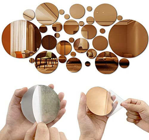 DIY Wandaufkleber, 8 Größen Acryl Spiegel Aufkleber Set, 32 Stück Kreisspiegel Wandsticker, Gold Runde Acryl Spiegel Wandaufkleber für Wohnzimmer, Schlafzimmer, Dekoration (Champagner-Gold)