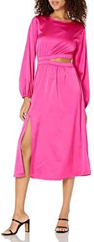 The Drop Robe Midi Soyeuse À Manches Longues et avec Découpes, Style Pudique, Jacob pour Femme, Rose Incandescent, XS
