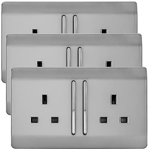 Trendi 2 Gang Artistic Modern Glossy 13 Amp Long Switched Tactile Plug Socket Stainless Steel (3 Pack)