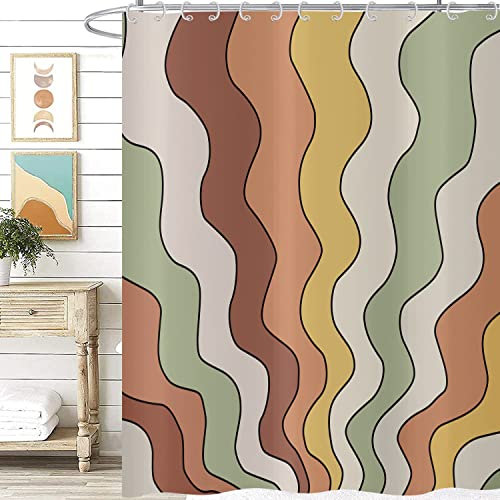 Hnmdmyi Duschvorhang Retro Vintage Groovy 180x220, Ästhetisch Bunt Orange Gelb Grün Hippie Trippy Mid Century Abstrakte Kunst Badewanne Vorhang Wasserdicht Polyester Stoff Waschbar Badevorhang