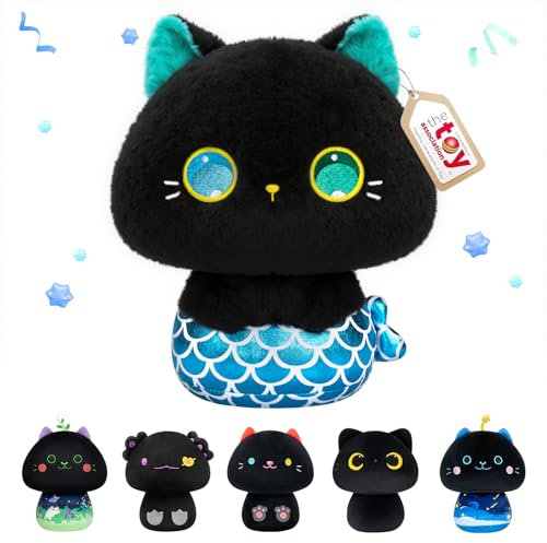 Mewaii Meerjungfrau-Schwarze Katze Kuscheltier 36 cm Plüschkissen Kawaii Katze Plüschtier Weiches Kuscheltier für Kinder und Erwachsene