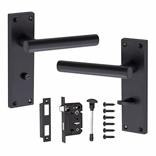 Golden Grace Door Handle Straight T-Bar Modern Lever Backplate for Latch, Matt Black Finish, Bathroom Set - 150mm x 40mm