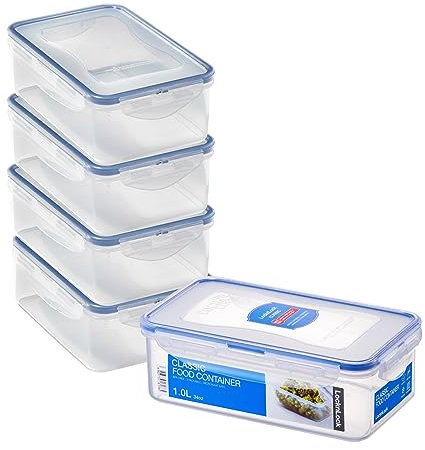 LocknLock Rectangular Food Containers with Lids Set of 5 - Plastic Airtight & Watertight Food Storage Containers, BPA Free & Dishwasher Safe, 5 x 1L