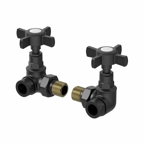 DuraTherm Traditional Manual Corner Towel Radiator Valve Set, 15mm Central Heating Valves for Radiators, Round Crosshead, Black