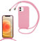 SLWYF Compatible with iPhone 12 Mini Crossbody Lanyard Case, Liquid Silicone Protective Phone Case with Strap Adjustable Neck Cord Necklace Soft Cover for iPhone 12 Mini, Pink
