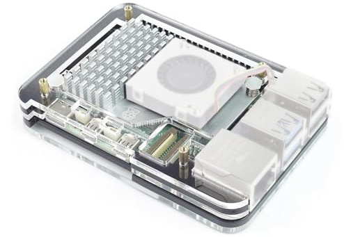 BerryBase Slim Acryl Gehäuse für Raspberry Pi 5, Stackable, transparent/schwarz + Active Cooler, kompatibel mit Hats, Perfekter Schutz, optimale Kühlung, inklusive Adapter für Power Button