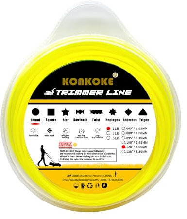 konkoke Filo decespugliatore 3,0mm,Filo Linee in Nylon per Tagliaerba (⌀3.0mm-50m-450g, Giallo Colori/Rotondo)-Immergere 24 Ore in anticipo per aumentarne l'elasticità