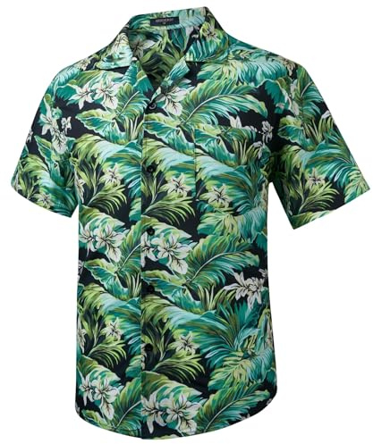 HISDERN Hawaii Hemden für Männer Kurzarm Sommer Funky Hawaii Hemd Kurzarm Regular Fit Strand Kubanischer Kragen Button Down Blumen Blätter Hemden mit Tasche Cyan 3XL
