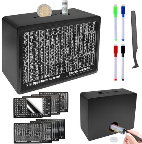 Spardose Holz, Sparbox mit Zahlen, Wiederverwendbare Spardose mit Sparziel, Euro Sparziel, Sparbüchse mit Zähler, Spardose €500 €1,000 €2,000 €3,000 €5,000 Euro, Schwarz Sparbüchse, Keine Montage