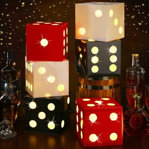 Motipuns 6 Stück große Würfelboxen mit Licht, große Würfelbox, Casino-Party-Dekorationen, Casino-Geburtstagsparty-Ballonboxen für Spieleabend, Las Vegas, Party-Dekorationen (weiß, schwarz, rot, 17 cm)