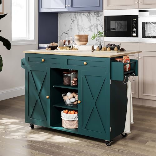 HOLTICO Isla de cocina sobre ruedas, carrito isla de cocina con encimera plegable, mesa isla de cocina con armario de almacenamiento y estante de torre, mesa isla para cocina y comedor (verde)