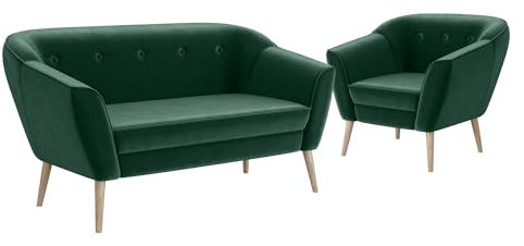 MEBLINI Mini Sofa Set 2-1 für Wohnzimmer - Mini Lounge für DREI Personen - Küchensofa - Sofa Klein - Sitzgarnitur - Polstergarnitur - Sofagarnituren - Doris - 2+1 - Grün Samt