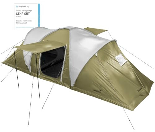 Skandika Kuppelzelt Hammerfest Protect für 4 Personen | Campingzelt mit eingenähtem Zeltboden, 2 m Stehhöhe, 2 Schlafkabinen, 2 Eingänge, Moskitonetze, 3000 mm Wassersäule, Zelt zum Campen