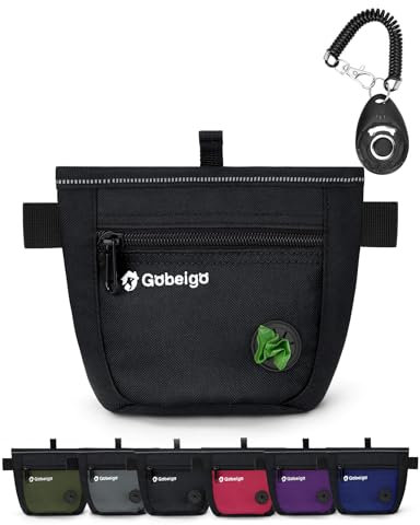 Gobeigo Hunde Leckerlibeutel und Training-Clicker, zwei magnetische Verschlüsse gegen Verschütten, 2-Tassen Leckerlitasche mit Hundekotbeutel-Spender, Metall-Clip Gürteltasche für Hundespaziergang