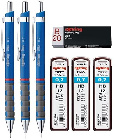rOtring Tikky Druckbleistift-Set, HB, 0,70 mm, blauer Schaft, Nachfüllungen und Radiergummi