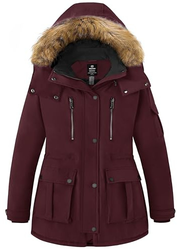 Wantdo Damen Übergröße Winter Jacke Gesteppte Daunenjacke Warm Mantle Verdicker Parka mit Abnehmbarer Fellkapuze Weinrot 60-62
